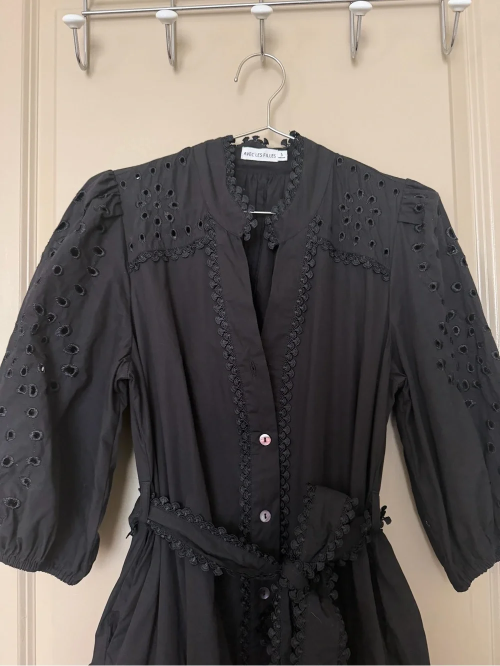 Avec Les Filles Black Eyelet Mini Dress with Belt - Picture 2 of 6